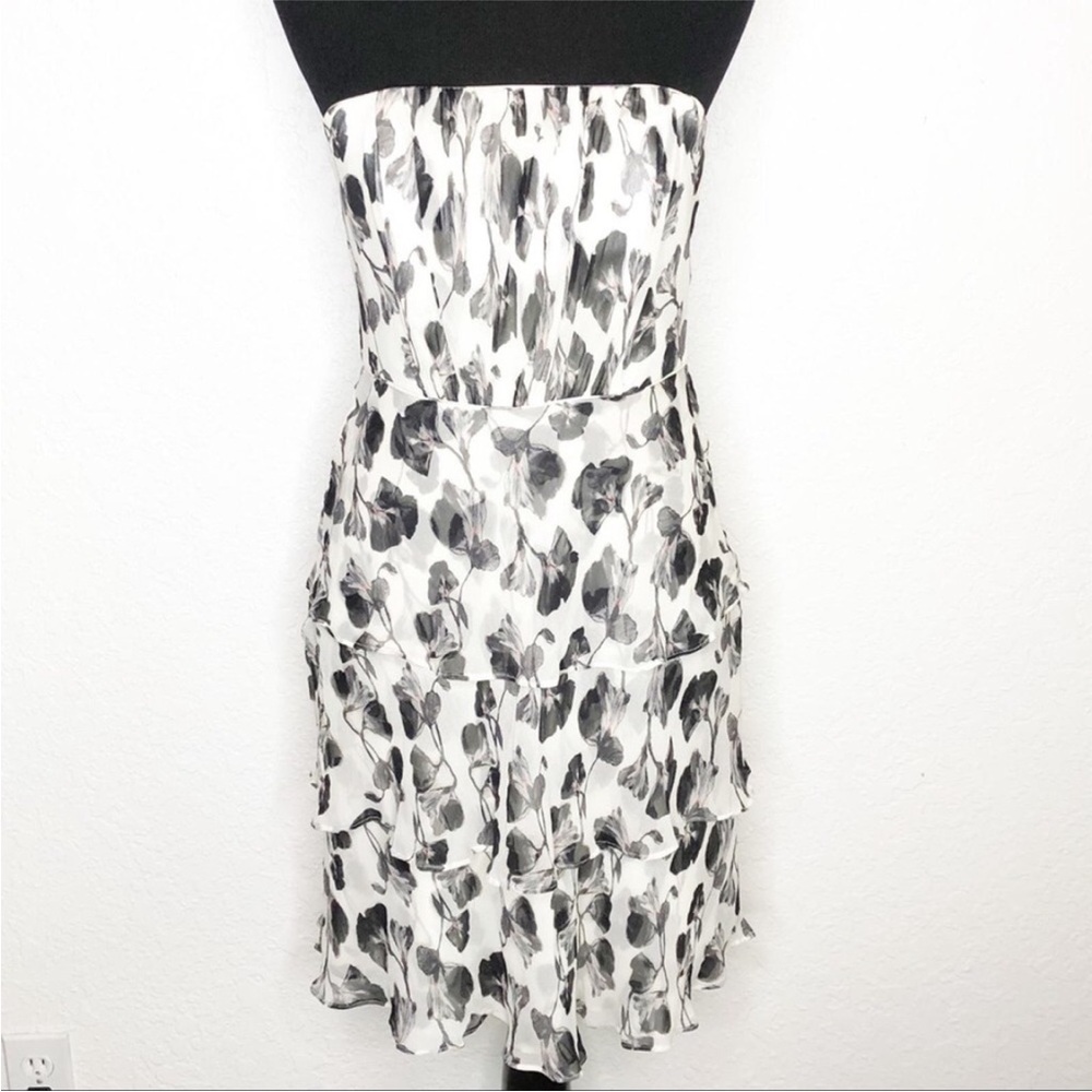 WHBM white black floral silk strapless ruffle tiered dress size 0